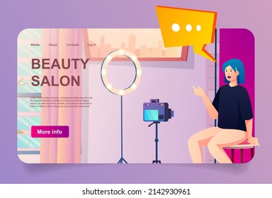 Bloggers room concept in cartoon design for landing page. Woman blogger recording video content with camera and rig lamp in professional studio. Vector illustration with people for web homepage