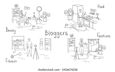 Bloggers set. Different vloggers shoot videos for their followers. Influencers create content for their blog channel. Cartoon vector illustration