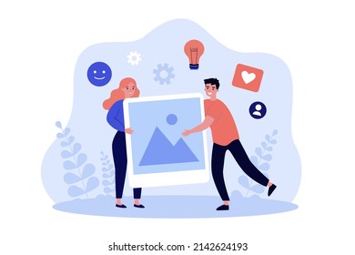 Bloggers share of online creative content to audience. Tiny man and woman holding picture flat vector illustration. Social media, influence concept for banner, website design or landing web page