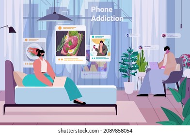 bloggers sharing and watching photos at social networks couple making posts for followers social media addiction concept