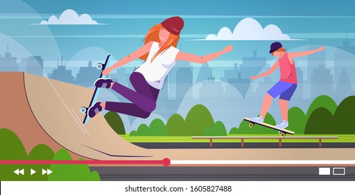 bloggers skaters performing tricks in skate board park recording video man woman vloggers riding skateboards live streaming blogging concept landscape background horizontal full length vector