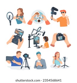 Bloggers or streamers with gadgets vector illustrations set. Collection of cartoon drawings of content creators filming on phone or camera. Social media, communication, technology concept