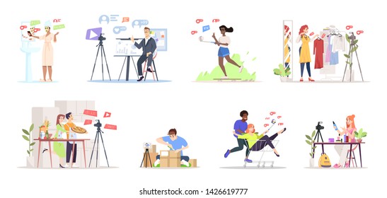 Bloggers streaming flat vector illustrations set. Influencer marketing. Streamers, vloggers cartoon characters. Fashion, online review, culinary vlogs content creators. Live video channel concept