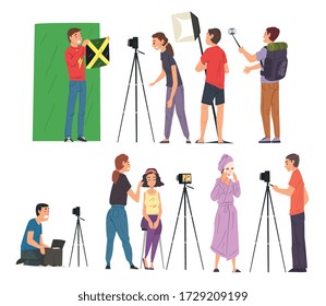 Bloggers Streaming Online Set, Cameraman, Soundman and Light Technician Recording Video, Social Media Blogging Cartoon Vector Illustration