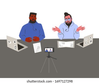Bloggers. Two bearded men sitting with laptop and talking about news infront of camera. Male influencers recording a video content at the desk. Vector flat illustration. 