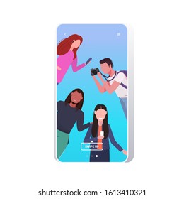 Bloggers Using Digital Camera And Smartphone Live Streaming Social Media Networking Blogging Concept Mix Race Men Women Having Fun Portrait Smartphone Screen Vertical Vector Illustration