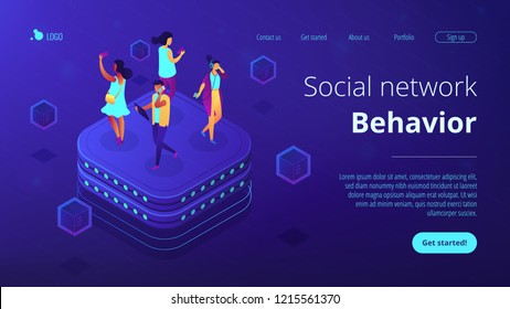 Bloggers using mobile phones and tablets walking on server. Social network behavior and digital society, blogger and trendsetter concept. Isometric 3D website app landing web page template