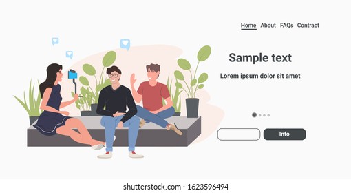 bloggers using smartphone on selfie stick recording video blog people streaming live social network blogging concept horizontal full length copy space vector illustration
