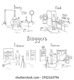 Bloggers. Vector set of different people on internet videos. Cartoon vector illustration