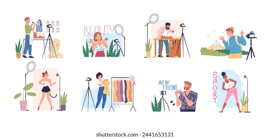 Bloggers vlog. Blogger man or girl fashionable, video shoot fitness travel or beauty fashion creator, social media influencer broadcast vector illustration of video blogger, blog online broadcast