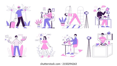 Bloggers And Vloggers Making Photo, Video Content, Food, Fitness And Travel Blogs. Vlogging People, Subscription And Followers Attraction Vector Illustration Set. Video Creators Characters