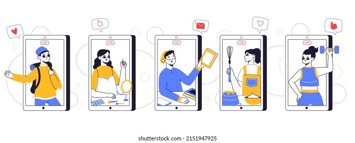 Bloggers and vloggers on smartphones screen, online presentation, media blogs concept. Video and photo content authors on mobile phone screen vector illustration. Media blog creators