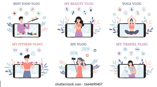 Bloggers Or Vloggers. People Do Fitness, Cook, Makeup, Yoga, Travel And Shoot Video Lessons On Camera. Concept Flat Vector Illustration For Web Landing Page, Banner, Social Media, Poster, Application.