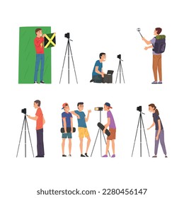 Bloggers or vloggers recording video on camera and smartphone. Live video streamers creating video for blog or vlog review cartoon vector illustration