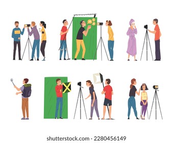Bloggers or vloggers recording video on camera and smartphone. Live video streamers creating content cartoon vector illustration