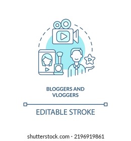 Bloggers and vloggers turquoise concept icon. Video topic. Type of creators abstract idea thin line illustration. Isolated outline drawing. Editable stroke. Arial, Myriad Pro-Bold fonts used