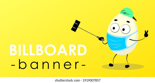 Blogging 2021. Coronavirus Covid 19 world pandemic. Banner design billboard. Live egg with eyes in protective medical mask. Live podcast on social networks. Funny boy with Selfie stick.