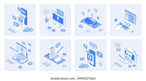 Blogging 3d isometric concept set with isometry icons design for web. Collection of creating content in online blogs, posting video or photo, followers comment and like, subscribe. Vector illustration