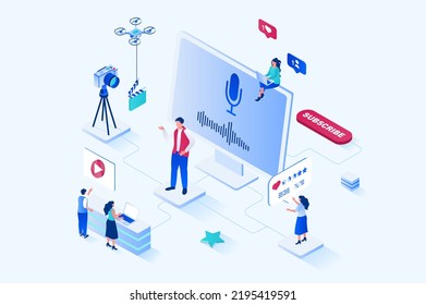 Blogging 3d isometric web design. People watch videos and subscribe to digital content, blogger recording and publishes videos on his channel, communicates with audience. Vector web illustration