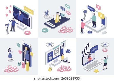 Blogging 3d isometry concept for web design. Collection set with isometric people creating video content, making new posts in social media, advertising and attracting followers. Vector illustration.