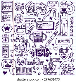 Blogging Activities Funny Doodle Cartoon Set. Blog Social Media Internet Technologies. Vector Hand Drawn Illustration. School Notebook Pattern.