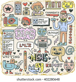 Blogging Activities Funny Doodle Cartoon Set. Blog Social Media Internet Technologies. Vector Hand Drawn Color Illustration. Vintage Texture.  