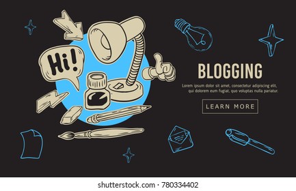 Blogging Artistic Cartoon Hand Drawn Sketchy Line Art Style Drawings Illustrations Icons And Symbols Design Of  Essential Related Objects  And Tools. Vector Graphic.