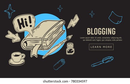 Blogging Artistic Cartoon Hand Drawn Sketchy Line Art Style Drawings Illustrations Icons And Symbols Design Of  Essential Related Objects  And Tools. Vector Graphic.
