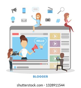 Blogging banner. Copywriting and feedback concept. Digital content in social media and social promotion. Self advertising on website. Isolated flat vector illustration