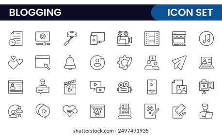 Blogging banner with icons. Post, social media, community, content, website, sharing, create, opinion. Business concept. Web vector infographic in outline icon style.