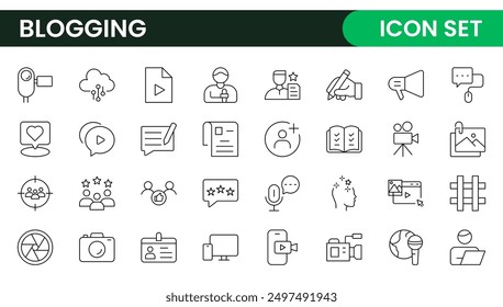 Blogging banner with icons. Post, social media, community, content, website, sharing, create, opinion. Business concept. Web vector infographic in outline icon style.