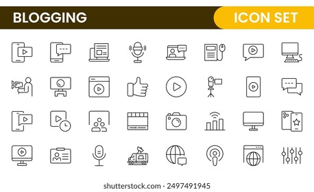Blogging banner with icons. Post, social media, community, content, website, sharing, create, opinion. Business concept. Web vector infographic in outline icon style.