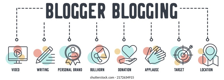 Blogging Banner Web Icon. Video, Writing, Personal Brand, Bullhorn, Donation, Applause, Target, Location Vector Illustration Concept.