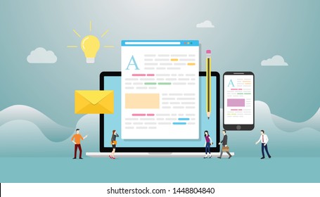 Blogging Or Blog Creative Concept With Laptop Computer And Content Development With Team People With Modern Flat Style - Vector