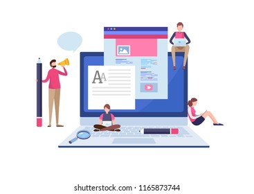 Blogging, Blogger. Freelance. Creative writing. Copy writer. Content management. Flat cartoon miniature  illustration vector graphic on white background.