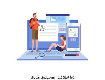 Blogging, Blogger. Freelance. Creative writing. Copy writer. Content management. Flat cartoon miniature  illustration vector graphic on white background.