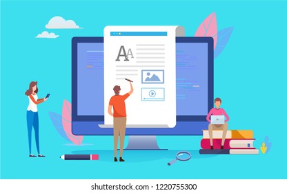 Blogging, Blogger. Freelance. Creative writing. Copy writer.  People vector illustration. Flat cartoon character graphic design. Landing page template,banner,flyer,poster,web page