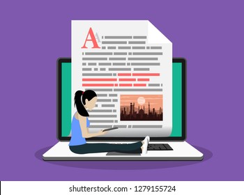 Blogging, Blogger. Freelance. Creative writing. Copy writer. Content management. Flat cartoon miniature illustration vector.