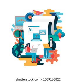 Blogging, Blogger. Freelance. Creative writing. Copy writer. Content management, Job, Journalist. Flat cartoon character illustration vector graphic. flat style background.