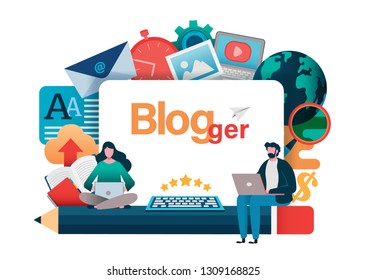 Blogging, Blogger. Freelance. Creative writing. Copy writer. Content management, Job, Journalist. Flat cartoon character illustration vector graphic. flat style background.