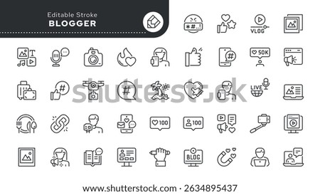 Blogging and blogger line icon set. Blog, influencer, content, vlog, vlogger, followers, social media, digital marketing and more. Outline icon in linear style. Vector collection	



