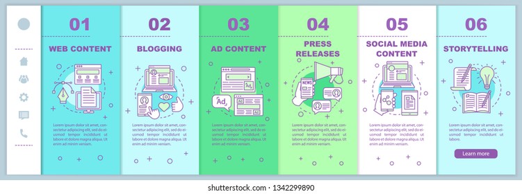Blogging business onboarding mobile web pages vector template. SMM courses. Social media content plan. Responsive smartphone website interface idea. Webpage walkthrough step screens. Color concept
