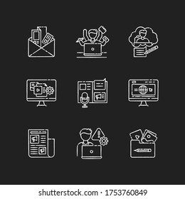 Blogging chalk white icons set on black background. Newsletter and brochure. Multi tasking employee. Speech writing for conference. Content management. Isolated vector chalkboard illustrations