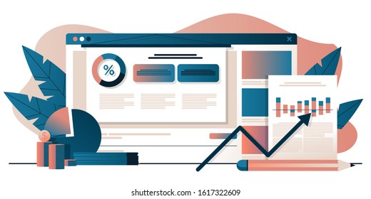 Blogging channel about business, data analysis, finance, economics. Blogger coach recording educational video lesson, podcast. Online training, streaming video player. Flat cartoon vector illustration