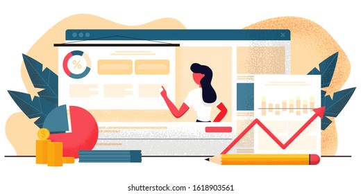 Blogging channel about business, data analysis, finance, economics. Blogger coach recording educational video lesson, podcast. Online training, streaming video player. Flat cartoon vector illustration