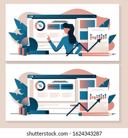 Blogging channel about business, data analysis, finance, economics. Blogger coach recording educational video lesson, podcast. Online training, streaming video player. Flat cartoon vector illustration