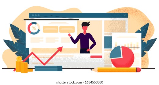 Blogging channel about business, data analysis, finance, economics. Blogger coach recording educational video lesson, podcast. Online training, streaming video player. Flat cartoon vector illustration
