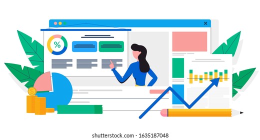 Blogging channel about business, data analysis, finance, economics. Blogger coach recording educational video lesson, podcast. Online streaming video player. Flat cartoon vector illustration