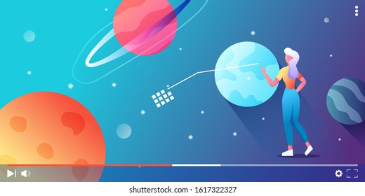 Blogging channel about planets, solar system, astronomy. Teacher blogger recording Educational video lesson, broadcast, podcast. Online streaming video player. Flat cartoon vector illustration