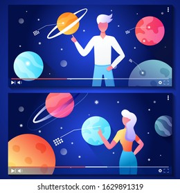 Blogging channel about planets, solar system, astronomy. Woman and man teacher blogger recording video lesson, broadcast, podcast. Online streaming video player. Flat vector illustration set 